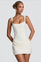 Corset Boned Square Neck Wide Strap Draped Ruched Bodycon Mini Dress