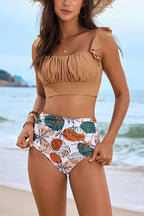 Floral Print Ruffled Two-piece Stretch Bikini Swimsuit and Elegant Gauze Scarf Set