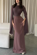 Satin Ruched High Neck Bell Sleeve Slit Mermaid Maxi Gown