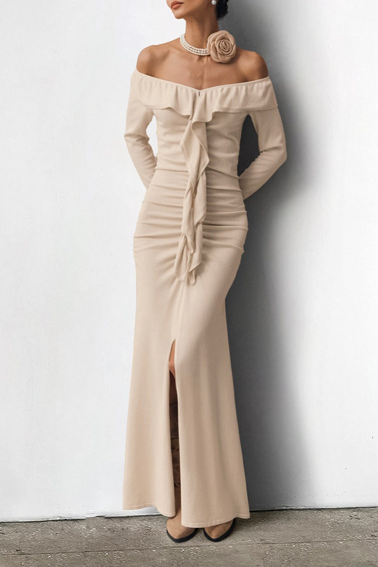 Off Shoulder Sweetheart Ruffle Flounce Long Sleeve Ruched Front Slit Midi Dress