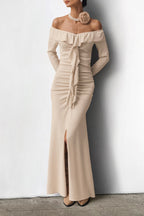Off Shoulder Sweetheart Ruffle Flounce Long Sleeve Ruched Front Slit Midi Dress
