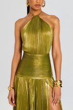 Glamorous Metallic Pleated Fabric Open Back Halter Slit Maxi Dress