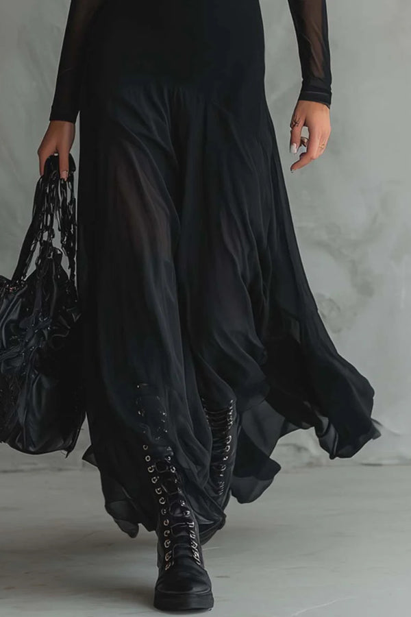 Fashionable Mesh-paneled Long-sleeved Slim-fit Maxi Dress