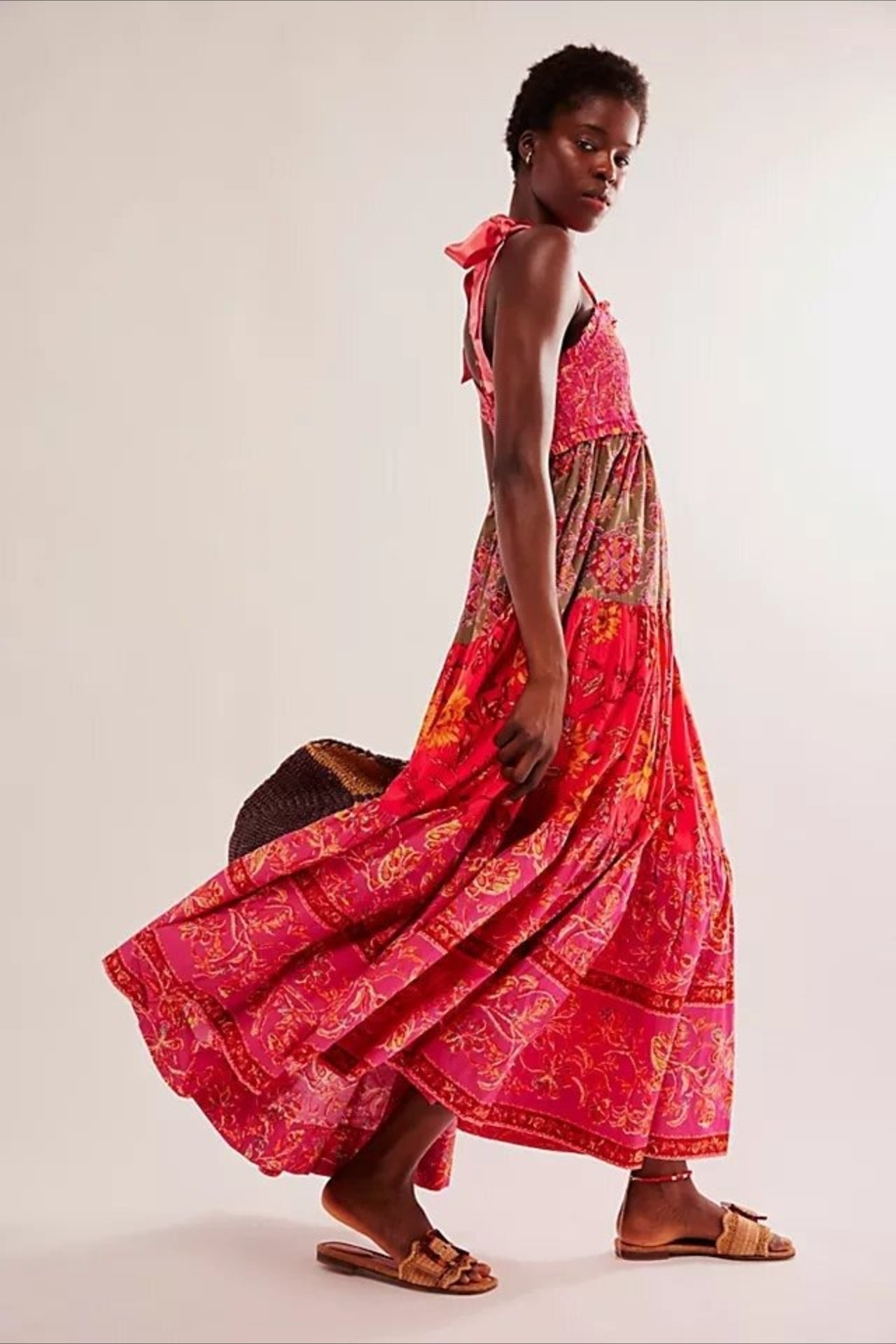Smocked V Neck Bow Shoulder Strap Mixed Floral Tiered Maxi Dress