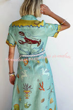 Deep Sea Dreaming Linen Blend Unique Print Short Sleeve Tie-up Shirt Maxi Dress