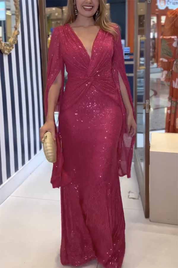 Deep V-Neck Twist Waist Sequin Cape Sleeve Column Maxi Gown