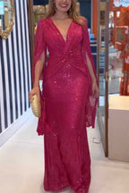 Deep V-Neck Twist Waist Sequin Cape Sleeve Column Maxi Gown