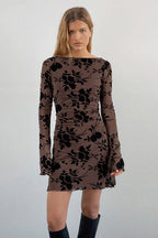 Velvet Floral Flocked Slim Fit Long Sleeve Mini Party Dress