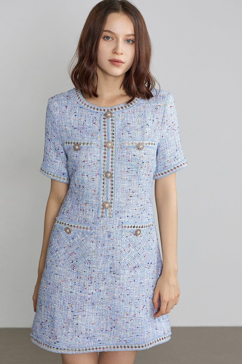 Round Neck Tweed Button Front Flap Pocket Braided Trim Mini Dress