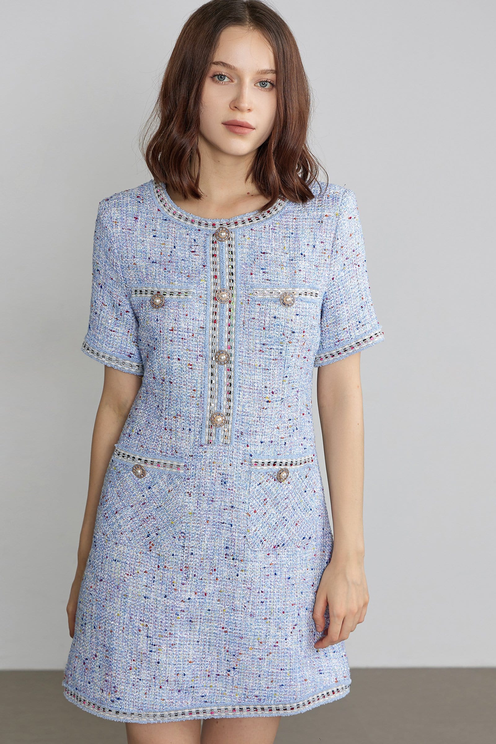 Round Neck Tweed Button Front Flap Pocket Braided Trim Mini Dress