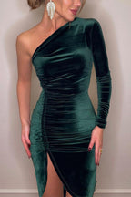 One Shoulder Single Sleeve Velvet Ruched High Slit Midi Dress