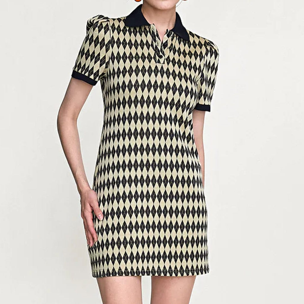 Diamond Argyle Knit Polo Collar Button Front Puff Sleeve Mini Dress