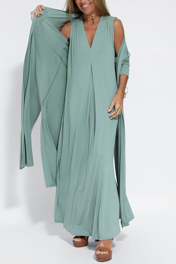 Deep V-Neck Center Pleat Sleeveless Flowy Maxi Dress