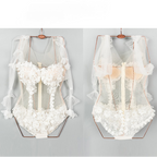 Lace mesh flower applique zip-up bodysuit  | Festival Outfits Women