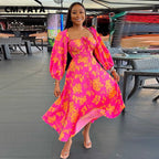 Floral Print Puff Sleeve Tie Front Ruched Bust High Split Midi Dress