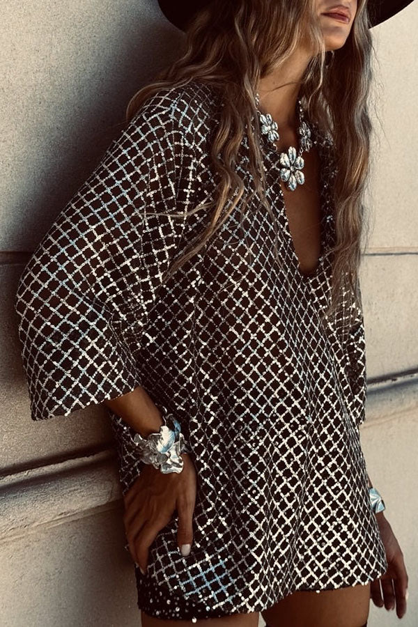All about Glam Collar Sequin V-neck Half Sleeve Loose Top