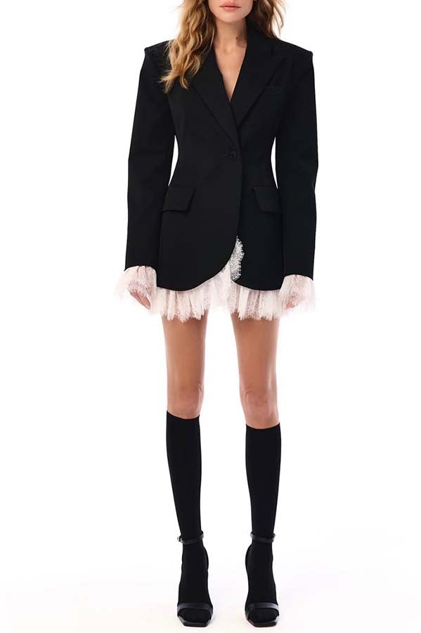 Cue The Chic Lace Trim Button Long Sleeve Lapel Blazer Mini Dress