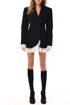 Cue The Chic Lace Trim Button Long Sleeve Lapel Blazer Mini Dress