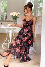 Spaghetti Strap Deep V Floral Print Tiered Ruffle Maxi Dress
