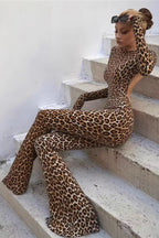 Leopard Print Long Sleeve Backless Slim Jumpsuit