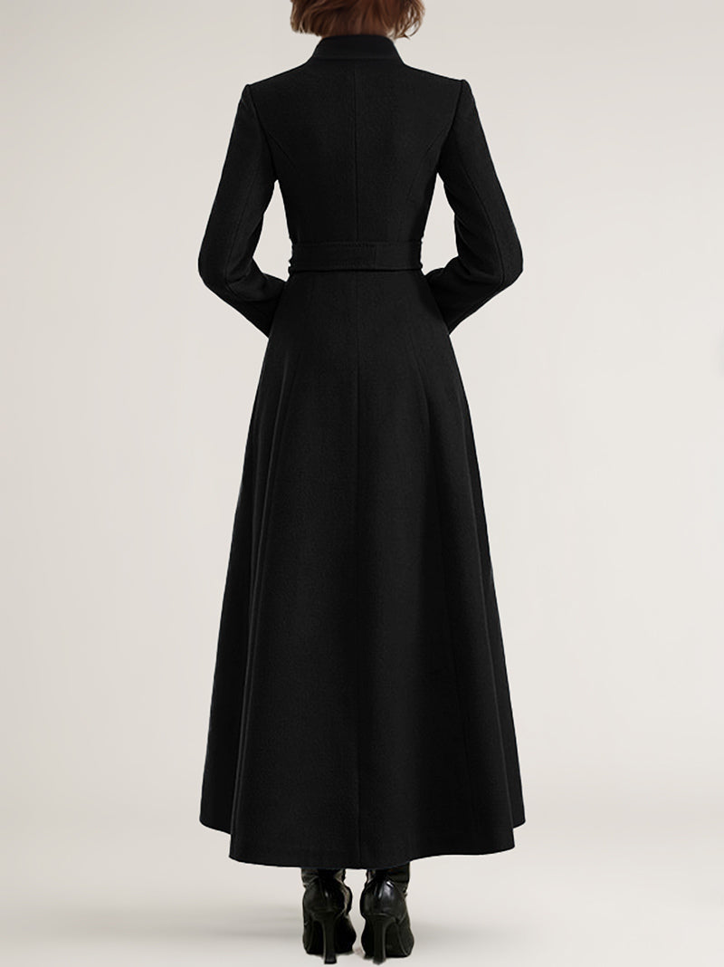 Wool Blend Long Coat Black Belted Stand Collar Winter Full Length Outerwear For Women 2026