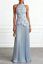 Emilie 3D Floral Embroidery Pleated Chiffon Hem Halter Neck Sleeveless Maxi Dress