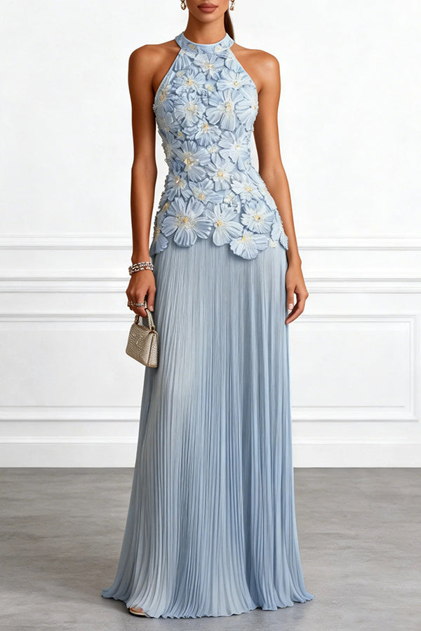Emilie 3D Floral Embroidery Pleated Chiffon Hem Halter Neck Sleeveless Maxi Dress
