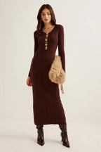 Brown Ribbed Knit Bodycon Dress