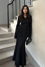 V Neck High Waist Fishtail Two Piece Blazer Skirt Set