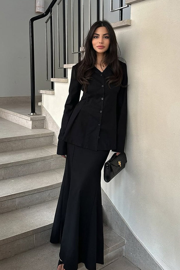 V Neck High Waist Fishtail Two Piece Blazer Skirt Set