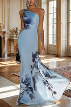 Floral Print One-shoulder Sleeveless Elegant Slim-fit Maxi Dress