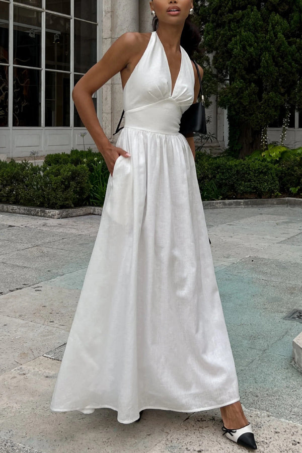 Solid Color Halter Neck Tie Elegant Backless Waist-cinching Maxi Dress