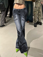 Vintage Plant Print Low Rise Flare Jeans