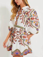 Paisley Print Puff Sleeve Button Front Shirt Mini Dress