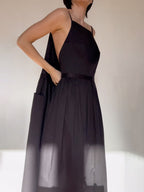 Square Neck Spaghetti Strap Tie Waist Pocket Maxi Dress