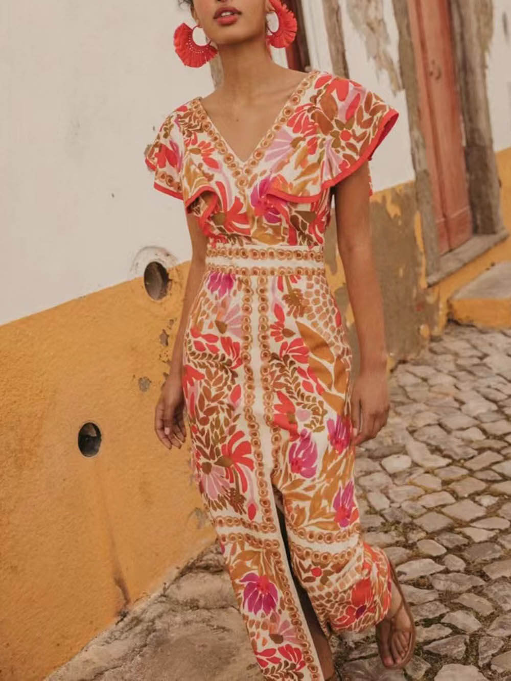 Floral Border Print Deep V Neck Flutter Sleeve Front Slit Maxi Dress