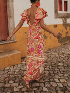Floral Border Print Deep V Neck Flutter Sleeve Front Slit Maxi Dress