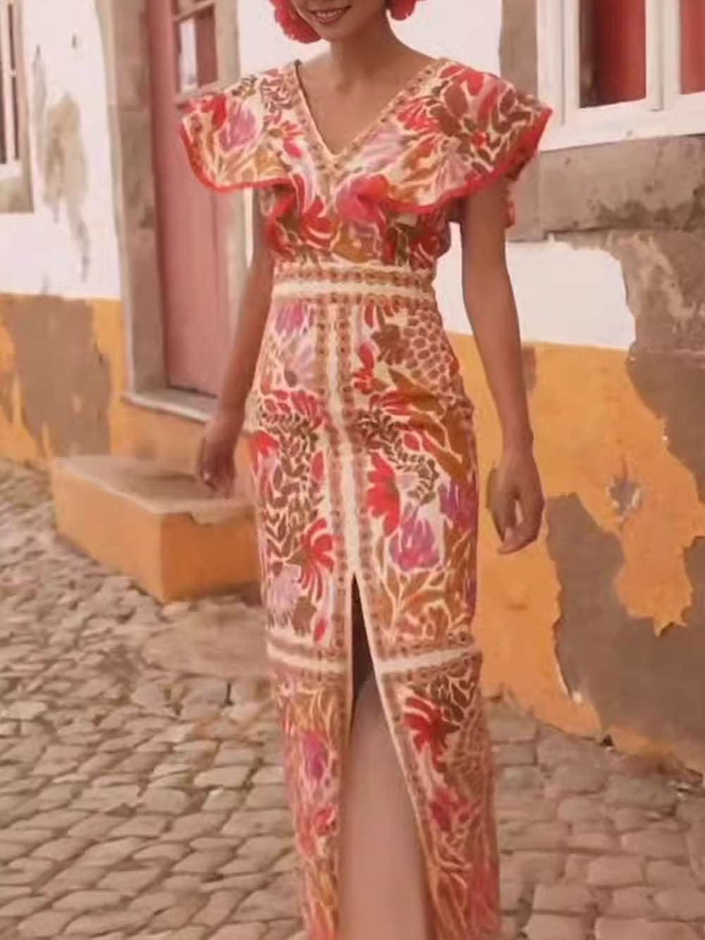 Floral Border Print Deep V Neck Flutter Sleeve Front Slit Maxi Dress