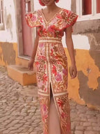 Floral Border Print Deep V Neck Flutter Sleeve Front Slit Maxi Dress