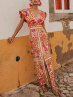 Floral Border Print Deep V Neck Flutter Sleeve Front Slit Maxi Dress