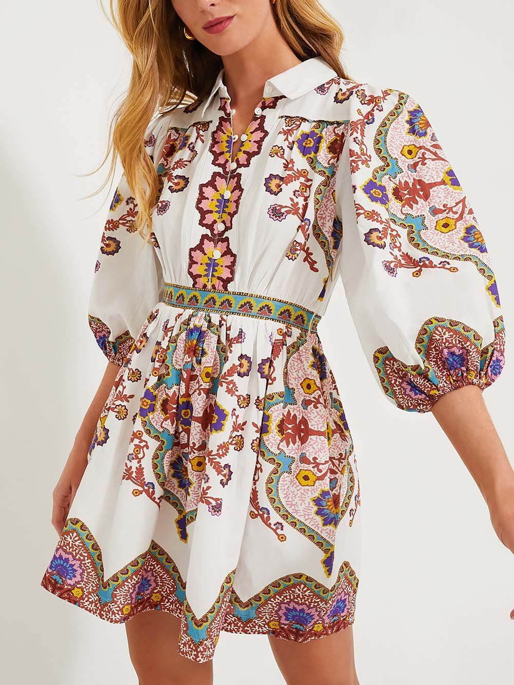 Paisley Print Puff Sleeve Button Front Shirt Mini Dress