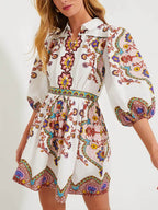 Paisley Print Puff Sleeve Button Front Shirt Mini Dress