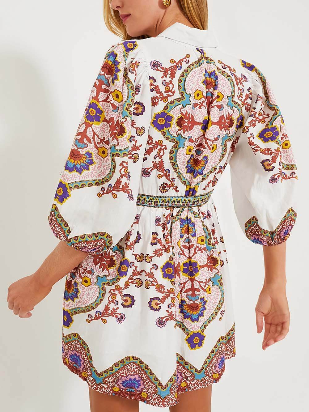 Paisley Print Puff Sleeve Button Front Shirt Mini Dress