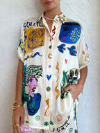 Casual Graffiti Printing Loose Satin Set