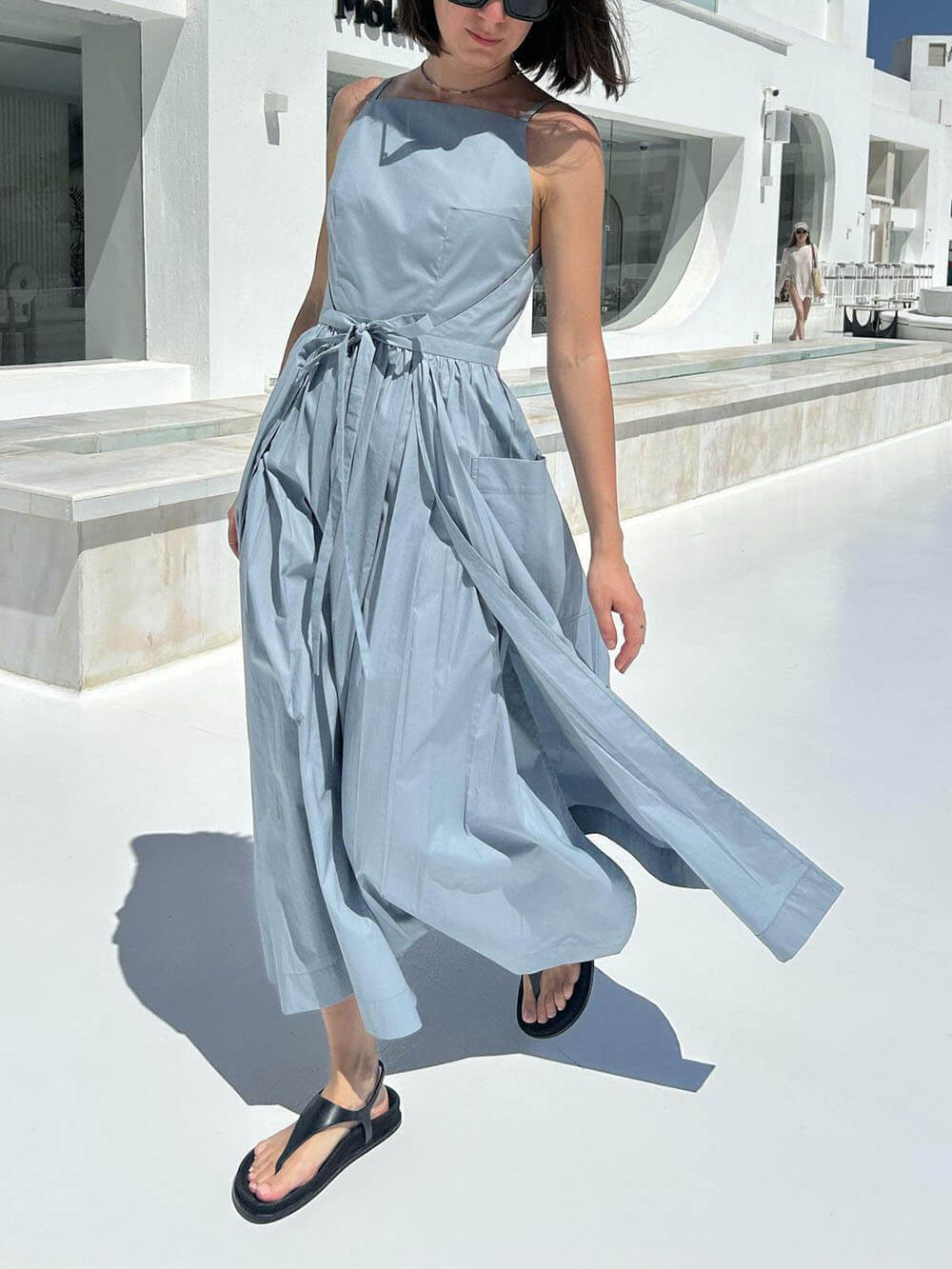 Square Neck Spaghetti Strap Tie Waist Pocket Maxi Dress