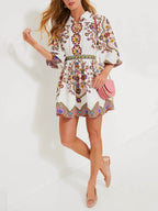 Paisley Print Puff Sleeve Button Front Shirt Mini Dress