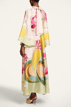 Darla Satin Colorful Baroque Style Printed Tie-up Neck Bell Sleeve Maxi Dress