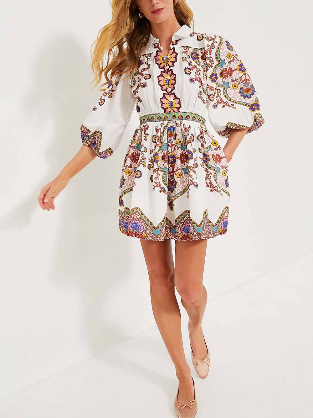 Paisley Print Puff Sleeve Button Front Shirt Mini Dress
