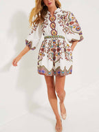 Paisley Print Puff Sleeve Button Front Shirt Mini Dress