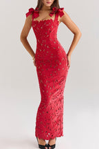 Lace Bow Shoulder Strap Sweetheart Neck Scalloped Bodycon Maxi Dress